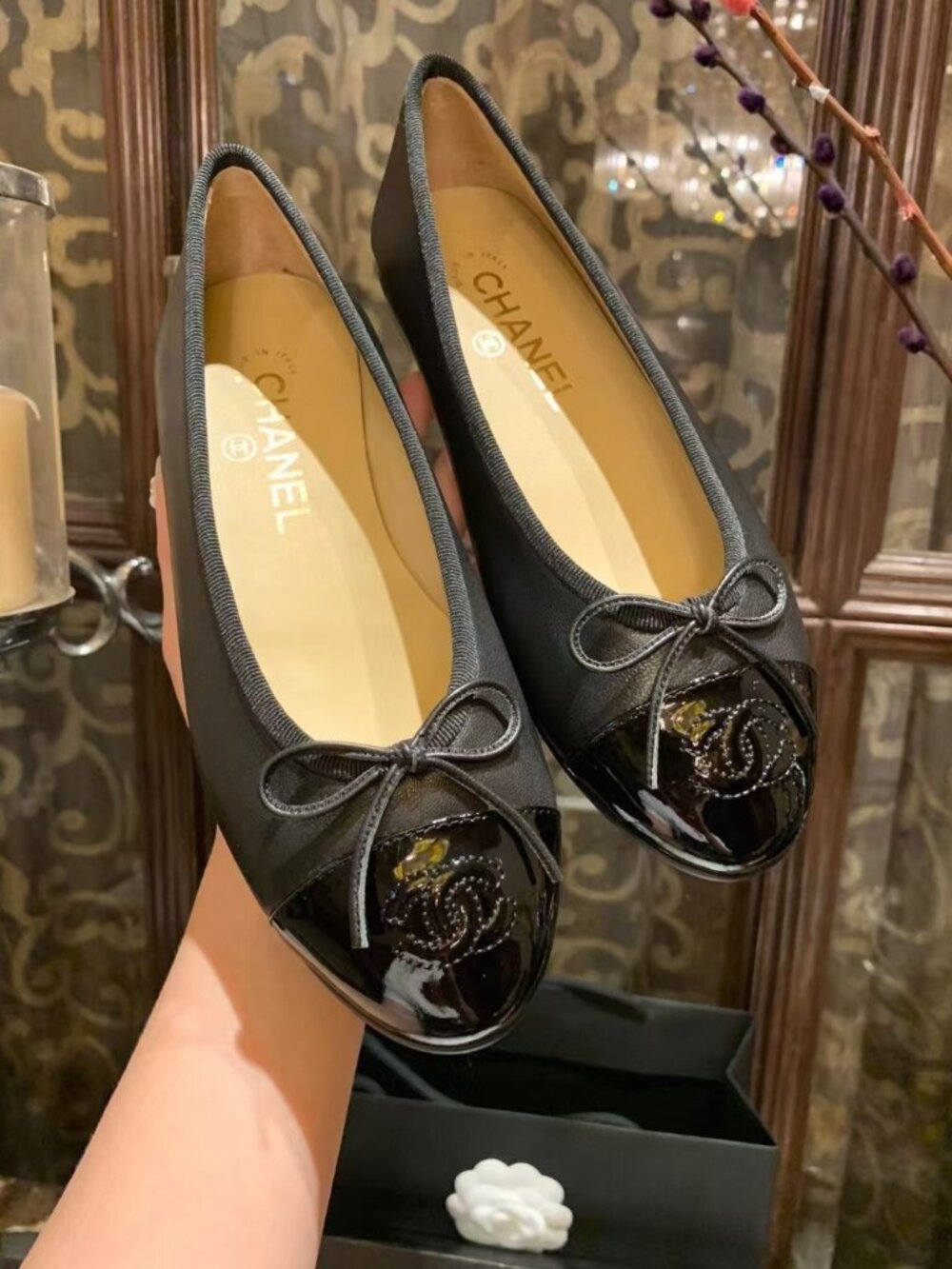 Chanel Black Camellia Patent Toe Bow Ballet Flats